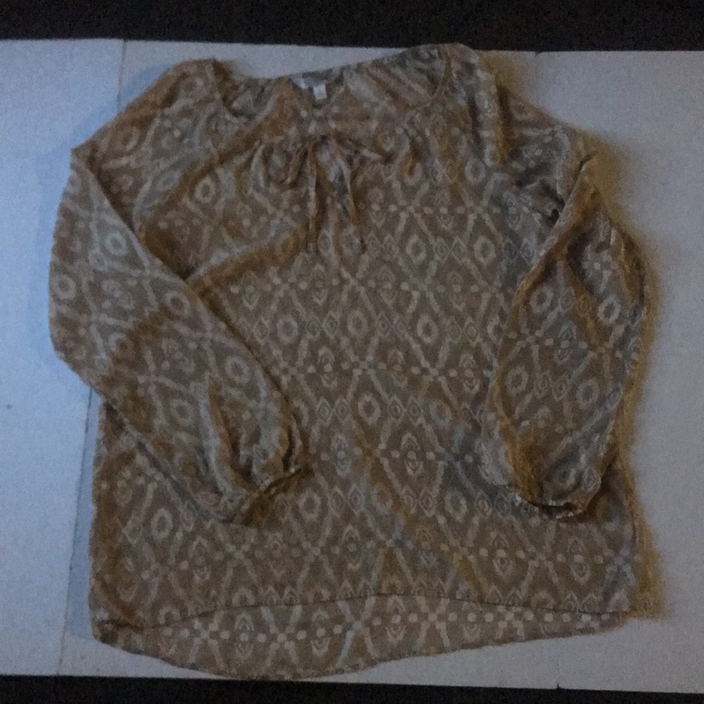 Sheer Long Sleeve Tan with White Aztec Designs.